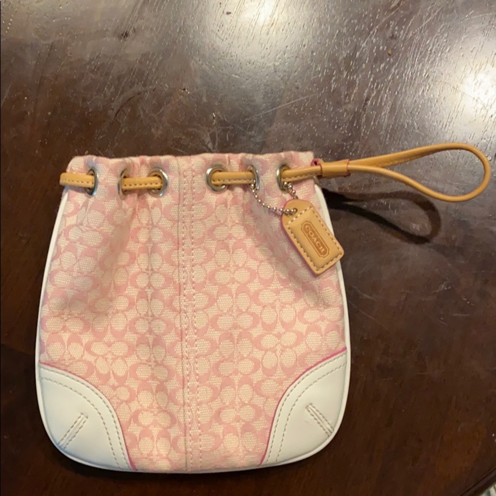 Coach pink and white drawstring cinch top wristlet
